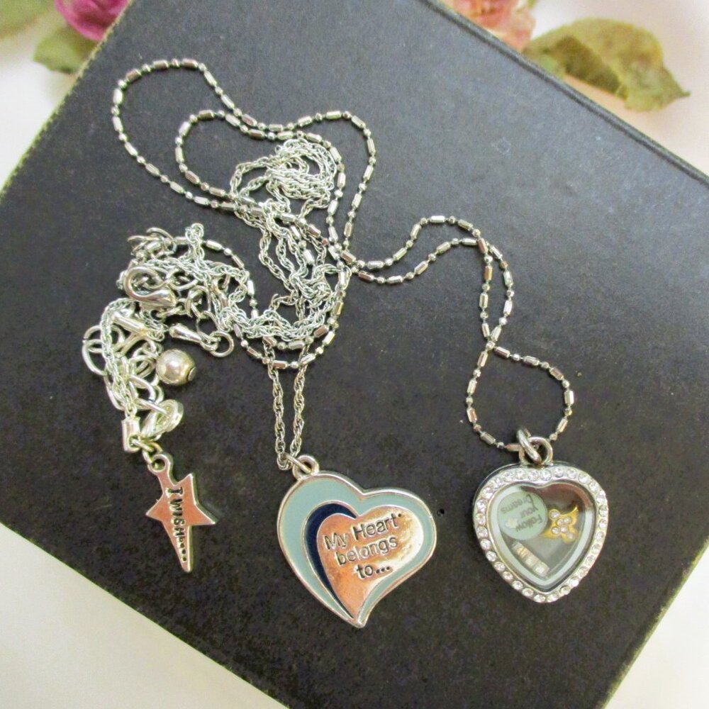 VINTAGE Silver Heart Charm Pendant Necklace Lot ~ Love Token Heart Necklaces